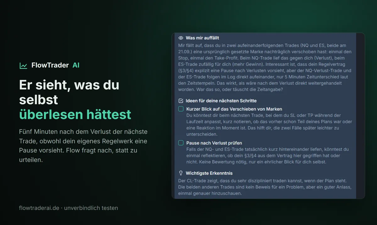 KI-Coach erkennt den nächsten Trade fünf Minuten nach dem Verlust, obwohl das eigene Regelwerk eine Pause vorsieht