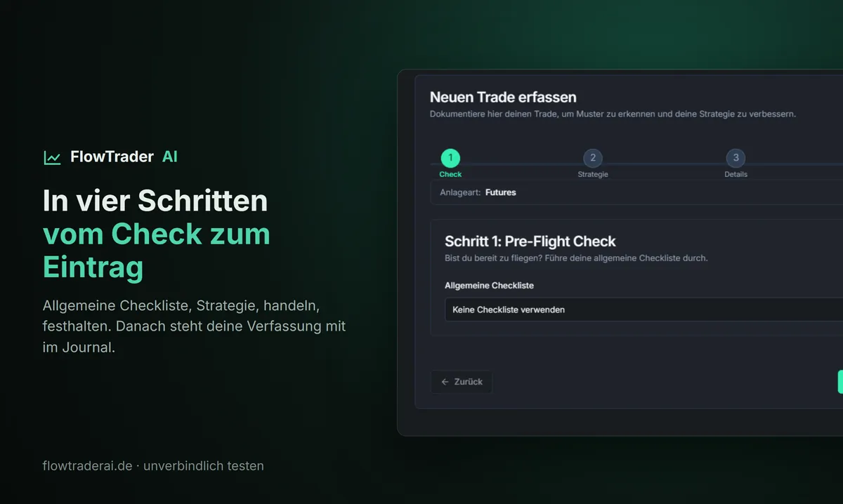 FlowTrader AI in vier Schritten vom Check zum Eintrag, mit Pre-Flight-Check vor jedem Trade